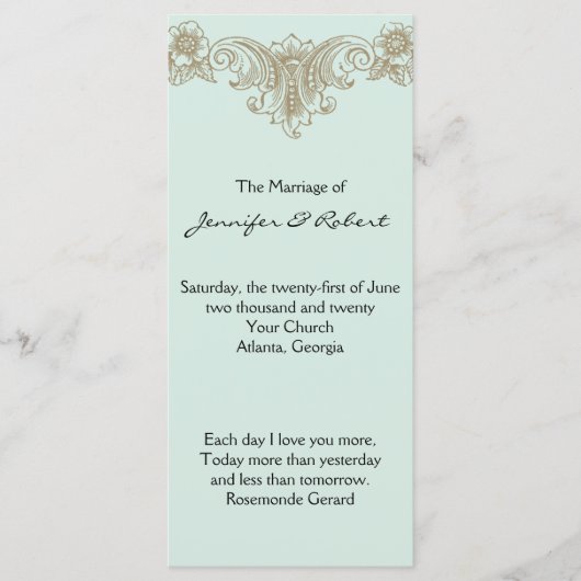 ブルー金ゴールドクリームヴィンテージフレーム結婚式 プログラム (正面)