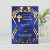 ブルー金ゴールドクロスエレガントファーストコミュニオン 招待状 (スタンド正面)