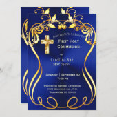 ブルー金ゴールドクロスエレガントファーストコミュニオン 招待状 (正面/裏面)
