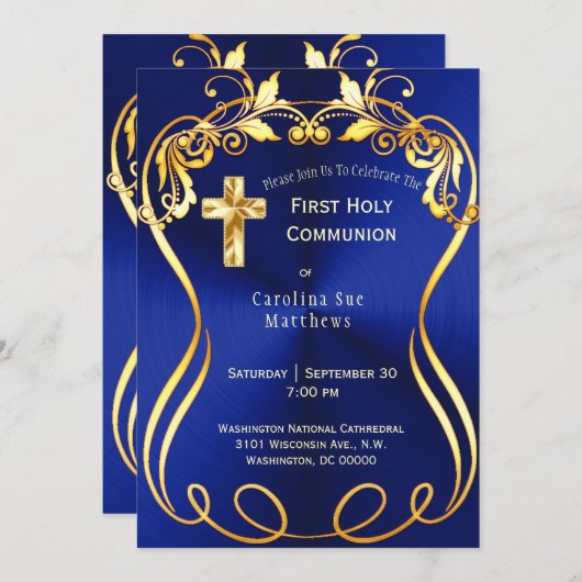 ブルー金ゴールドクロスエレガントファーストコミュニオン 招待状 (正面/裏面)