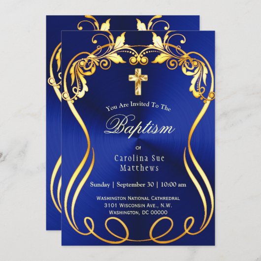 ブルー金ゴールドクロスエレガント洗礼 招待状 (正面/裏面)