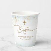 ブルー金ゴールドクロスネームタイポグラフィボーイバプテスマ 紙コップ (正面)