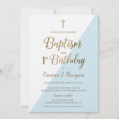 ブルー金ゴールドクロスバプテスマ1st誕生日 招待状 (正面)