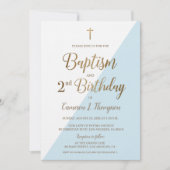 ブルー金ゴールドクロスバプテスマ2nd誕生日招待状 招待状 (正面)