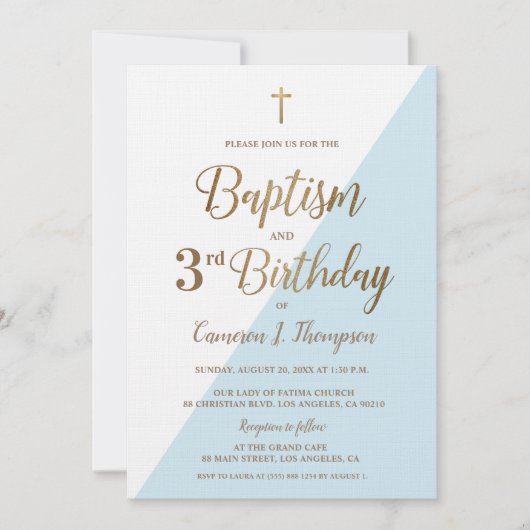 ブルー金ゴールドクロスバプテスマ3rd誕生日招待状 招待状 (正面)