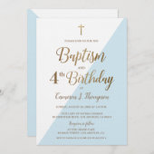 ブルー金ゴールドクロスバプテスマ4th誕生日招待状 招待状 (正面/裏面)