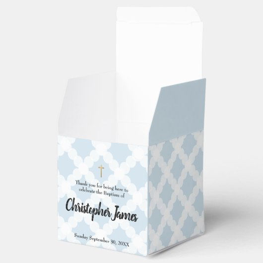 ブルー金ゴールドクロスパーソナライズされた男の赤ちゃんバプテスマ フェイバーボックス (オープン)