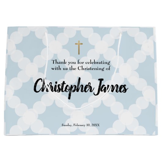 ブルー金ゴールドクロスパーソナライズされた男の赤ちゃん《キリスト教》洗礼式や命名式 ラージペーパーバッグ (正面)