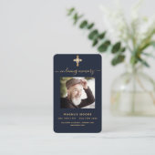 ブルー金ゴールドクロスフォト葬儀祈りの言葉カード 名刺 (スタンド正面)