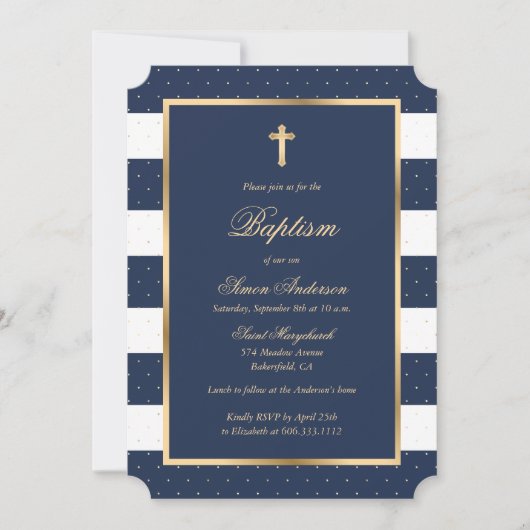 ブルー金ゴールドクロスフレームエレガントボーイバプテスマ 招待状 (正面)