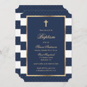 ブルー金ゴールドクロスフレームエレガントボーイバプテスマ 招待状 (正面/裏面)