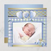 ブルー金ゴールドクロスブルー男の赤ちゃんフォト《キリスト教》洗礼式や命名式 招待状 (正面/裏面)