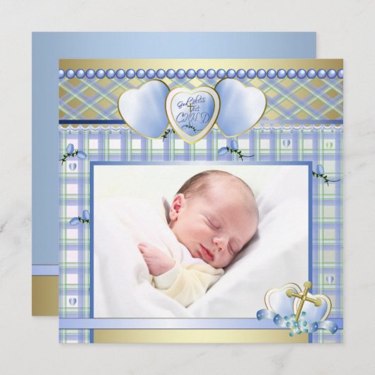 ブルー金ゴールドクロスブルー男の赤ちゃんフォト《キリスト教》洗礼式や命名式 招待状 (正面/裏面)