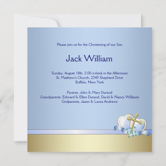 ブルー金ゴールドクロスブルー男の赤ちゃんフォト《キリスト教》洗礼式や命名式 招待状 (裏面)