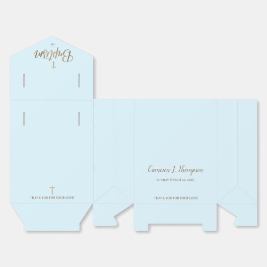 ブルー金ゴールドクロスベビーバプティスサンキューカスタム フェイバーボックス (見開き)