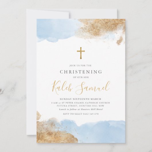 ブルー金ゴールドクロスボーイズバプテスマ《キリスト教》洗礼式や命名式 招待状 (正面)