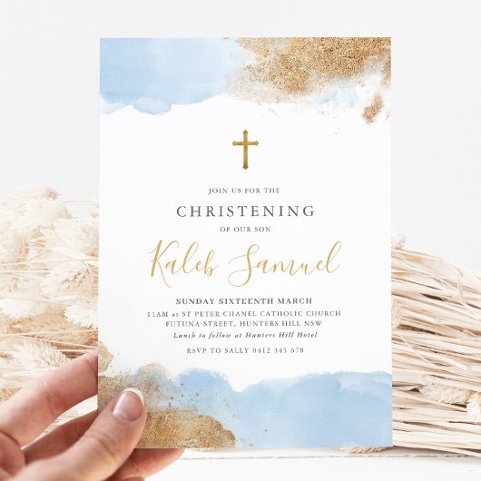 ブルー金ゴールドクロスボーイズバプテスマ《キリスト教》洗礼式や命名式 招待状