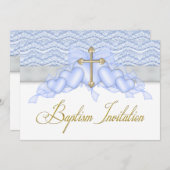ブルー金ゴールドクロスボーイズ青バプテスマ 招待状 (正面/裏面)