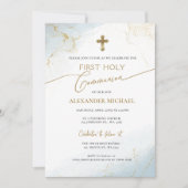 ブルー金ゴールドクロスボーイファースト聖餐式 招待状 (正面)