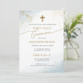 ブルー金ゴールドクロスボーイファースト聖餐式 招待状 (スタンド正面)