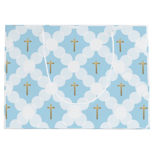 ブルー金ゴールドクロスモダン洗礼 ラージペーパーバッグ (正面)