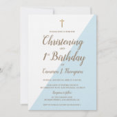 ブルー金ゴールドクロス《キリスト教》洗礼式や命名式1st誕生日コンバインド 招待状 (正面)