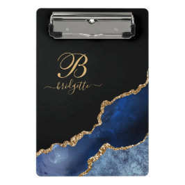 ブルー金ゴールドグリッターアゲートゲーデモノグラム ミニクリップボード