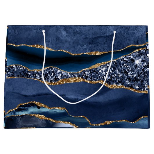 ブルー金ゴールドグリッターアゲートマーブルトレンディー ラージペーパーバッグ (正面)