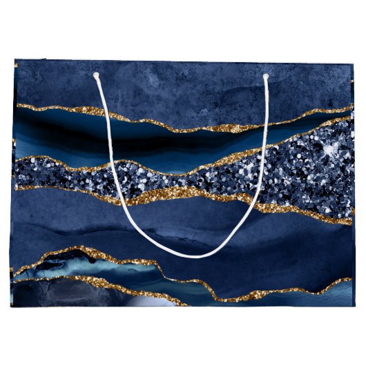 ブルー金ゴールドグリッターアゲートマーブルトレンディー ラージペーパーバッグ (裏面)