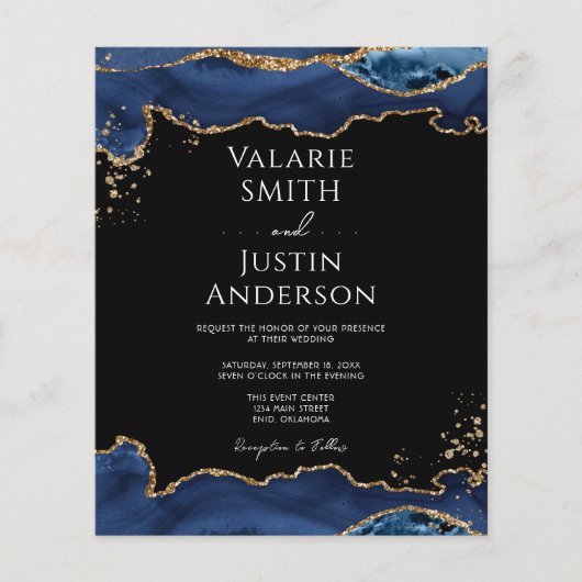 ブルー金ゴールドグリッターアゲート結婚式招待状 (正面)