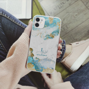 ブルー金ゴールドグリッターカスタムモノグラム iPhone 15ケース