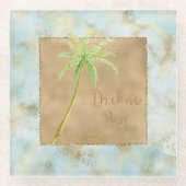 ブルー金ゴールドグリッタートロピカルパームツリードリーム ガラスコースター (正面)