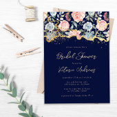 ブルー金ゴールドグリッターバラフローラブライダルシャワー 招待状