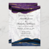 ブルー金ゴールドグリッターパープルアゲ結婚ート 招待状 (正面/裏面)