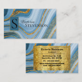 ブルー金ゴールドグリッターマーブルモノグラムエレガント抽象芸術 名刺 (正面/裏面)