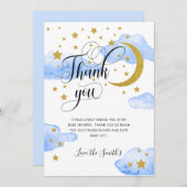 ブルー金ゴールドグリッタームーンベビーシャワーサンキューカード サンキューカード (正面/裏面)