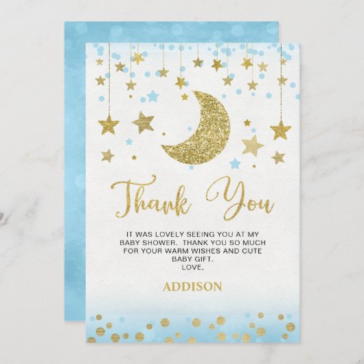 ブルー金ゴールドグリッタームーンベビーシャワーサンキューカード 招待状 (正面/裏面)