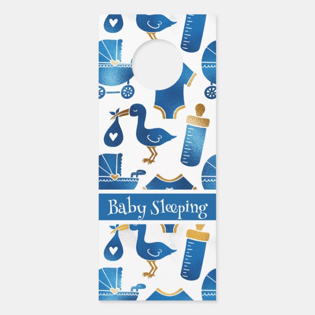 ブルー金ゴールドグリッター子供部屋ベビーボトル台車 ドアノブサイン (正面)