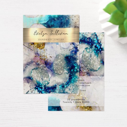 ブルー金ゴールドグリッター水彩ネックレス表示カード (デスク)