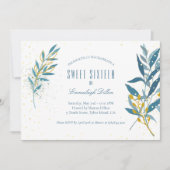 ブルー金ゴールドグリッターSweet sixteen誕生日パーティー 招待状 (正面)