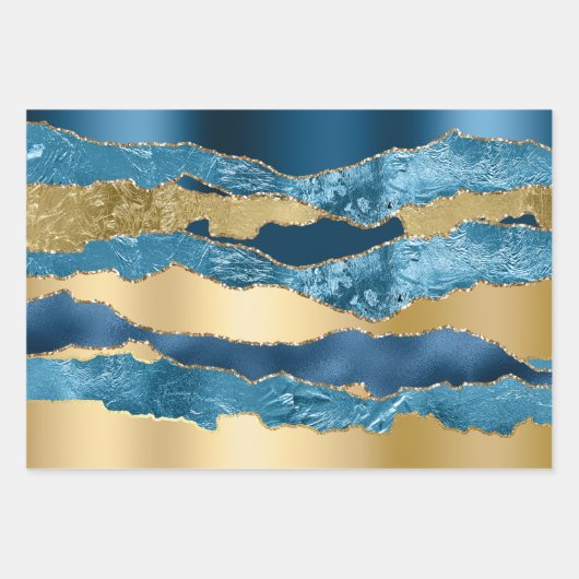 ブルー金ゴールドゴールデンワイングリッターメタリックフォイルシック ラッピングペーパーシート (正面3)