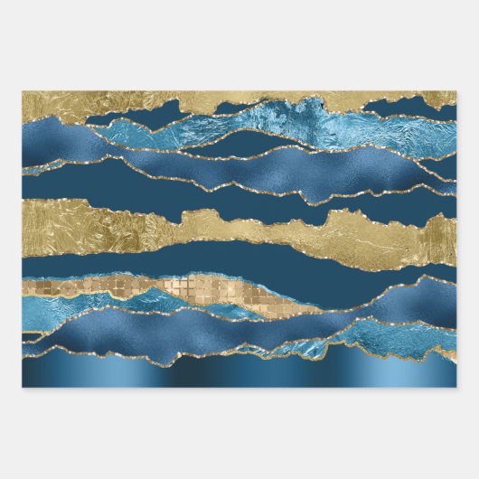 ブルー金ゴールドゴールデンワイングリッターメタリックフォイルシック ラッピングペーパーシート (正面2)