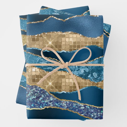 ブルー金ゴールドゴールデンワイングリッターメタリックフォイルシック ラッピングペーパーシート (インサイチュ)