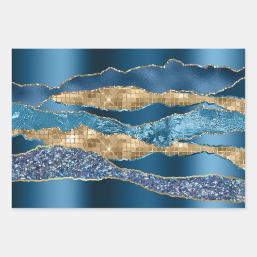 ブルー金ゴールドゴールデンワイングリッターメタリックフォイルシック ラッピングペーパーシート (正面)