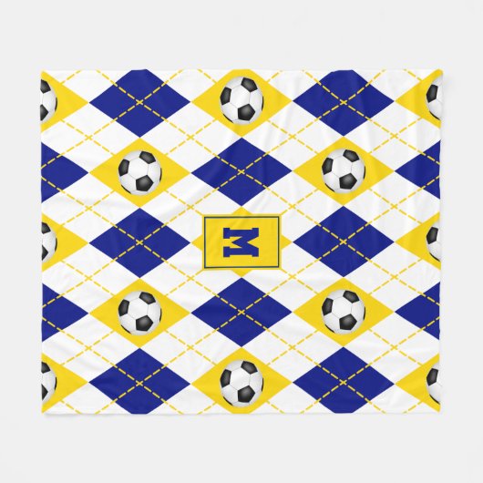 ブルー金ゴールドサッカーチームの色アーガイル模様 フリースブランケット (正面(横))