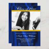 ブルー金ゴールドサテン写真卒業発表 招待状 (正面/裏面)