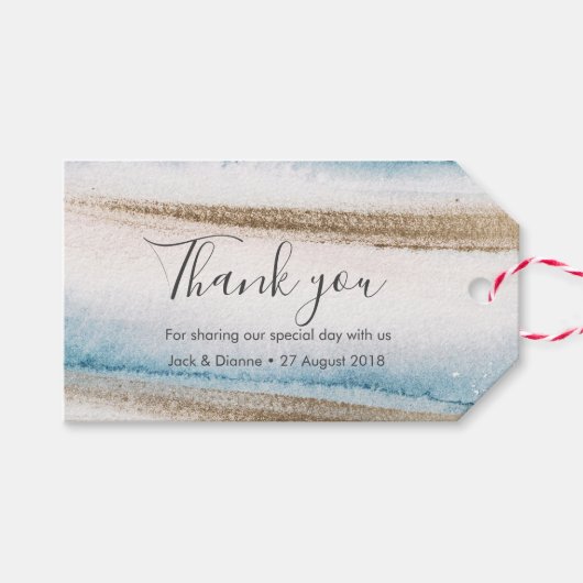 ブルー金ゴールドサンドパーソナライズされたサンキューメッセージカード ギフトタグ (正面(横))