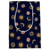 ブルー金ゴールドサンムーンプラデッツ宇宙イラストレーション ミディアムペーパーバッグ (正面)