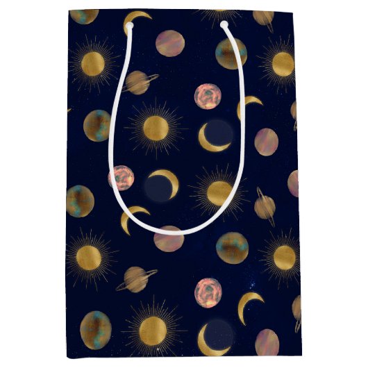 ブルー金ゴールドサンムーンプラデッツ宇宙イラストレーション ミディアムペーパーバッグ (正面)