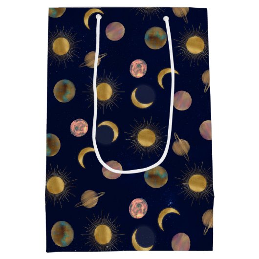 ブルー金ゴールドサンムーンプラデッツ宇宙イラストレーション ミディアムペーパーバッグ (裏面)